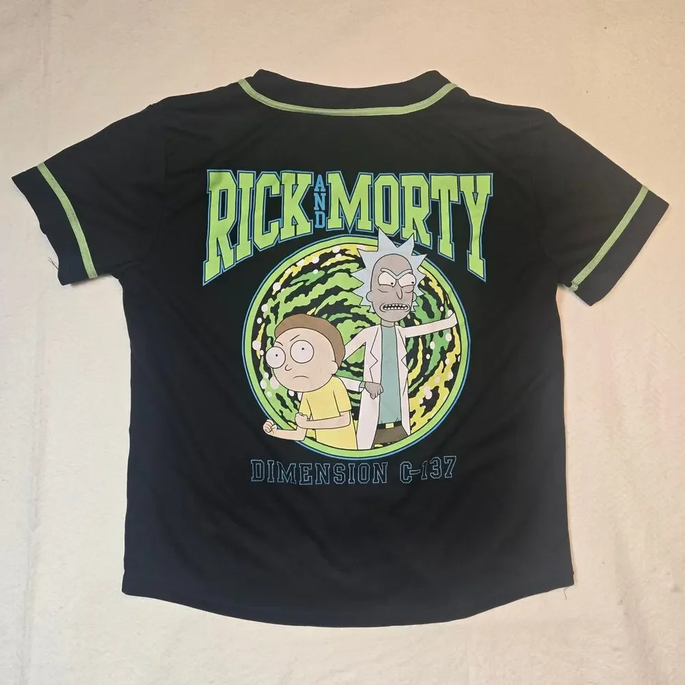 Rick and Morty Graphic Button Up Shirt Jersey Black Green Dimension C-137